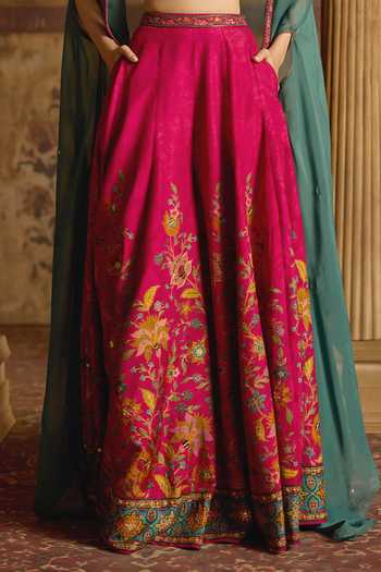 Kalista_Green Silk, Viscose, Organza Keyhole Neck Amyha Embroidered Cape Sharara Set _at_Aza_Fashions