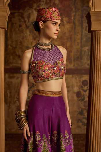 Kalista_Purple Silk, Viscose Halter Neck Arika Embroidered Blouse And Sharara Set _Online_at_Aza_Fashions