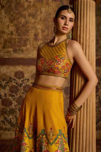 Kalista_Yellow Silk, Viscose Halter Neck Arika Floral Embroidered Blouse And Sharara Set _Online_at_Aza_Fashions