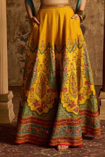 Buy_Kalista_Yellow Silk, Viscose Halter Neck Arika Floral Embroidered Blouse And Sharara Set _Online_at_Aza_Fashions