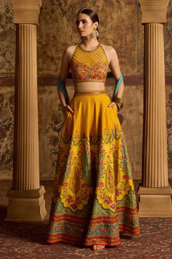 Shop_Kalista_Yellow Silk, Viscose Halter Neck Arika Floral Embroidered Blouse And Sharara Set _Online_at_Aza_Fashions