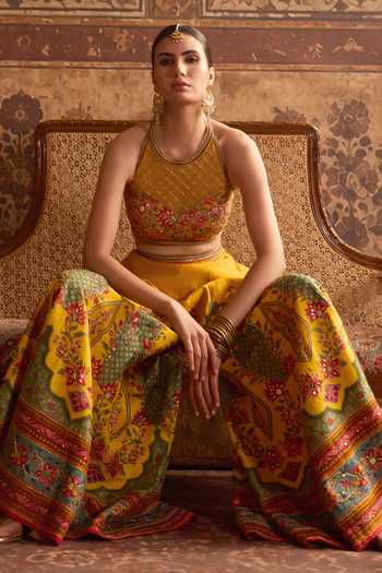 Kalista_Yellow Silk, Viscose Halter Neck Arika Floral Embroidered Blouse And Sharara Set _at_Aza_Fashions
