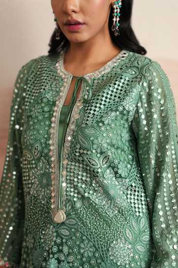 Shop_Mustard Moon By Neyha And Vrinda_Green Net, Silk, Dupion Keyhole Neck, Yes Diya Embellished Kurta And Pant Set 