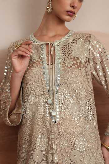 Shop_Mustard Moon By Neyha And Vrinda_Grey Net, Silk, Dupion Keyhole Neck Diya Embellished Kurta And Pant Set _Online_at_Aza_Fashions