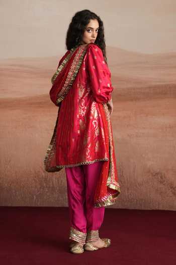 Shop_Mustard Moon By Neyha And Vrinda_Red Silk, Brocade, Satin, Modal, Georgette Janhavi Woven A-line Kurta Salwar Set _at_Aza_Fashions