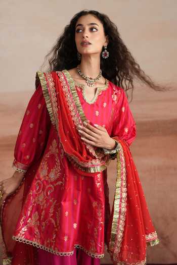 Mustard Moon By Neyha And Vrinda_Red Silk, Brocade, Satin, Modal, Georgette Janhavi Woven A-line Kurta Salwar Set _at_Aza_Fashions