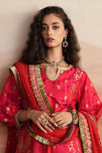 Buy_Mustard Moon By Neyha And Vrinda_Red Silk, Brocade, Satin, Modal, Georgette Janhavi Woven A-line Kurta Salwar Set 
