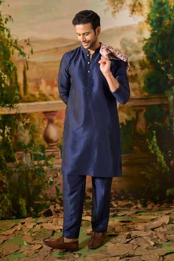 Buy_Arihant Rai Sinha_Blue Silk, Cotton Printed Nehru Jacket And Kurta Set _Online_at_Aza_Fashions
