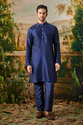 Shop_Arihant Rai Sinha_Blue Silk, Cotton Printed Nehru Jacket And Kurta Set _Online_at_Aza_Fashions