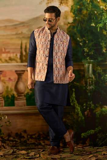 Buy_Arihant Rai Sinha_Blue Silk, Cotton Printed Nehru Jacket And Kurta Set _at_Aza_Fashions