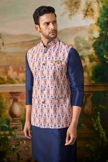 Arihant Rai Sinha_Blue Silk, Cotton Printed Nehru Jacket And Kurta Set _Online