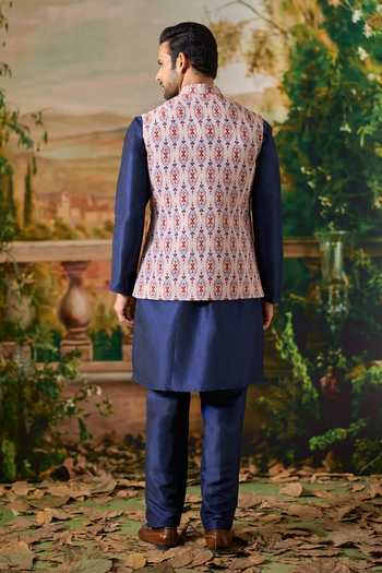 Arihant Rai Sinha_Blue Silk, Cotton Printed Nehru Jacket And Kurta Set _Online_at_Aza_Fashions
