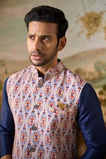Buy_Arihant Rai Sinha_Blue Silk, Cotton Printed Nehru Jacket And Kurta Set _Online