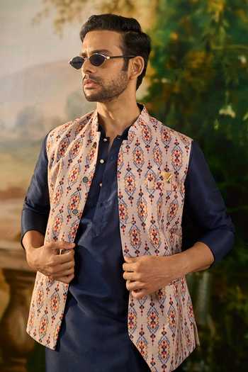 Shop_Arihant Rai Sinha_Blue Silk, Cotton Printed Nehru Jacket And Kurta Set _Online