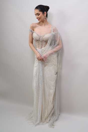 Buy_Tarun Tahiliani_Ivory Sequins, Beads, Pearls, Pre-draped Concept Saree With Embroidered Bodysuit _Online_at_Aza_Fashions