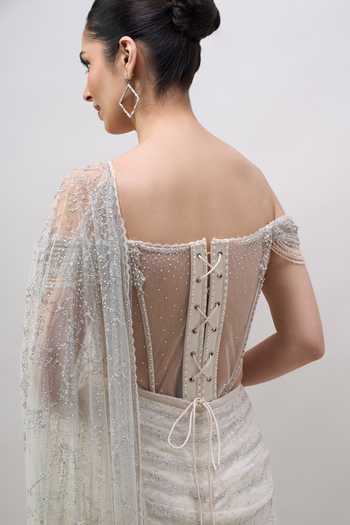 Tarun Tahiliani_Ivory Sequins, Beads, Pearls, Pre-draped Concept Saree With Embroidered Bodysuit _at_Aza_Fashions