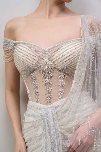 Tarun Tahiliani_Ivory Sequins, Beads, Pearls, Pre-draped Concept Saree With Embroidered Bodysuit _Online
