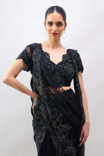 Shop_Tarun Tahiliani_Black Sweetheart Neck Embroidered Blouse And Saree Set _Online_at_Aza_Fashions