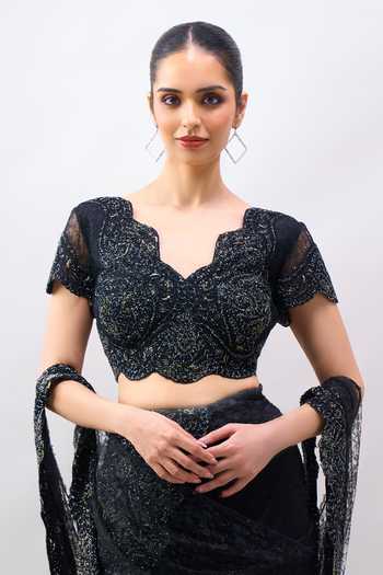 Tarun Tahiliani_Black Sweetheart Neck Embroidered Blouse And Saree Set _at_Aza_Fashions
