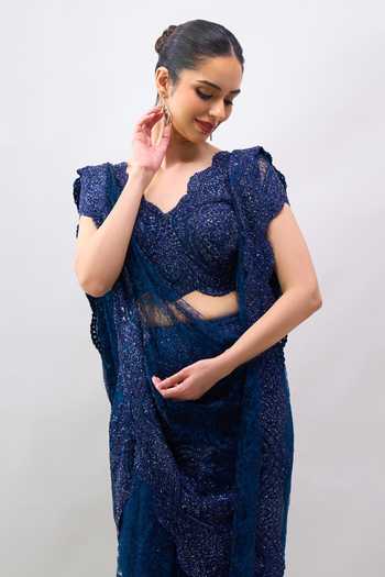 Buy_Tarun Tahiliani_Blue Sweetheart Neck Embroidered Blouse And Saree Set 