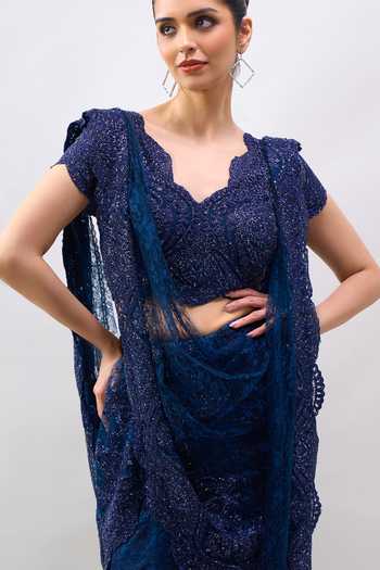 Shop_Tarun Tahiliani_Blue Sweetheart Neck Embroidered Blouse And Saree Set 