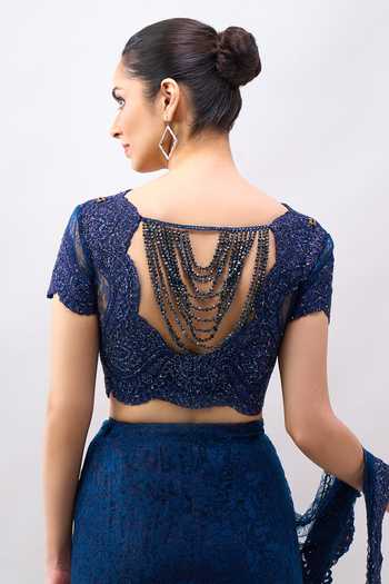 Buy_Tarun Tahiliani_Blue Sweetheart Neck Embroidered Blouse And Saree Set _Online