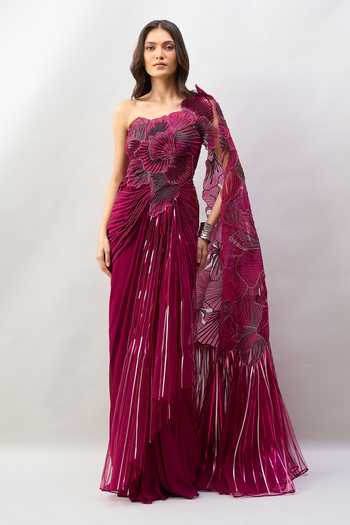 Buy_Amit Aggarwal_Purple Applique One Shoulder Floral Work Saree Gown _Online_at_Aza_Fashions