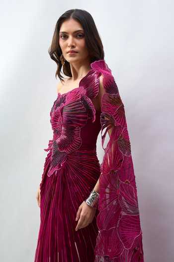 Amit Aggarwal_Purple Applique One Shoulder Floral Work Saree Gown _at_Aza_Fashions