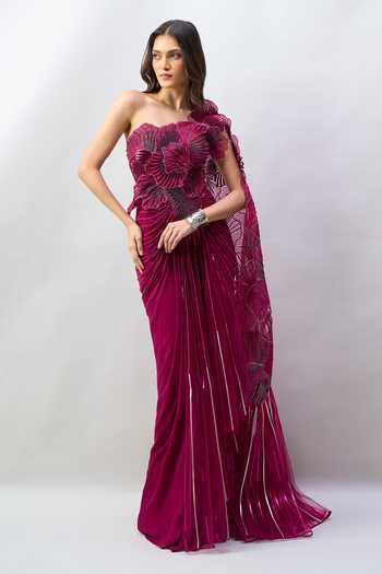 Buy_Amit Aggarwal_Purple Applique One Shoulder Floral Work Saree Gown 