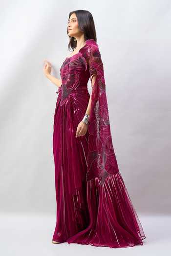 Shop_Amit Aggarwal_Purple Applique One Shoulder Floral Work Saree Gown 