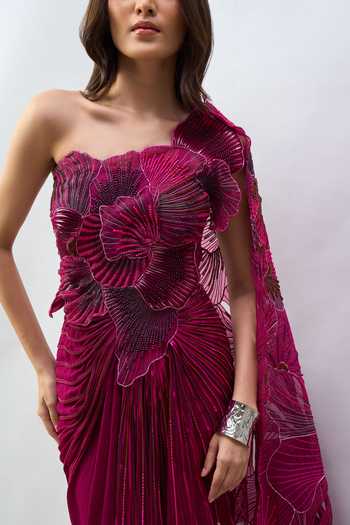 Amit Aggarwal_Purple Applique One Shoulder Floral Work Saree Gown _Online
