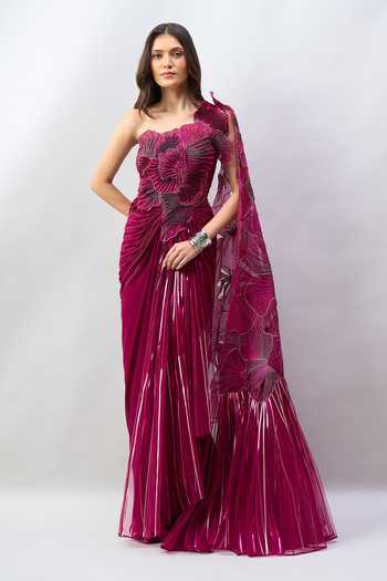 Buy_Amit Aggarwal_Purple Applique One Shoulder Floral Work Saree Gown _at_Aza_Fashions