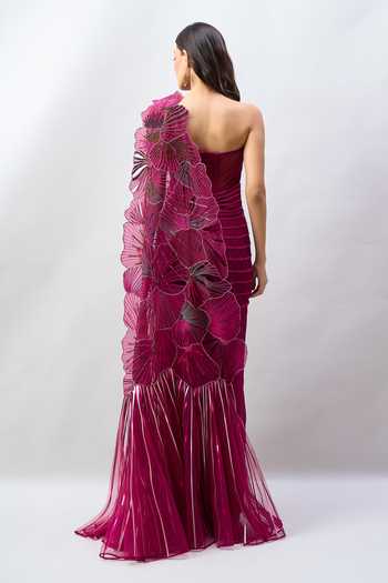 Amit Aggarwal_Purple Applique One Shoulder Floral Work Saree Gown _Online_at_Aza_Fashions