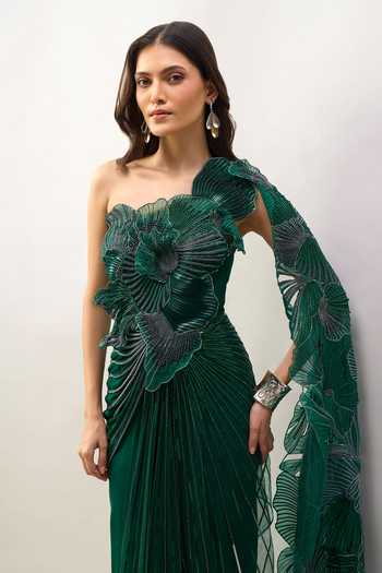 Amit Aggarwal_Emerald Green Embroidery One Shoulder Saree Gown _at_Aza_Fashions
