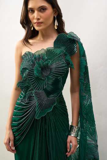 Amit Aggarwal_Emerald Green Embroidery One Shoulder Saree Gown _Online