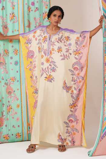 Buy_Swati Vijaivargie_Yellow Silk Ivory And Butterfly Kaftan _at_Aza_Fashions
