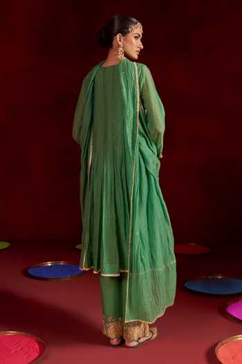 Shop_Hirika & Dhruti_Green Chanderi Square Neck Panelled Embroidered Anarkali Set _at_Aza_Fashions