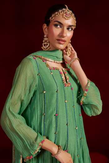 Shop_Hirika & Dhruti_Green Chanderi Square Neck Panelled Embroidered Anarkali Set _Online_at_Aza_Fashions