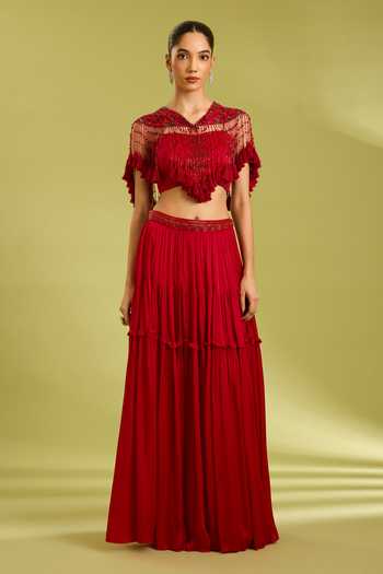Buy_Ewoke_Red Georgette, Satin Shawl , Sweetheart Embroidered Cape Lehenga Set _at_Aza_Fashions