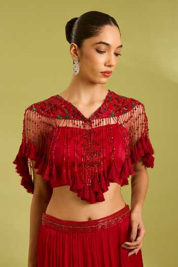 Ewoke_Red Georgette, Satin Shawl , Sweetheart Embroidered Cape Lehenga Set _Online_at_Aza_Fashions