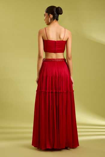 Buy_Ewoke_Red Georgette, Satin Shawl , Sweetheart Embroidered Cape Lehenga Set _Online_at_Aza_Fashions