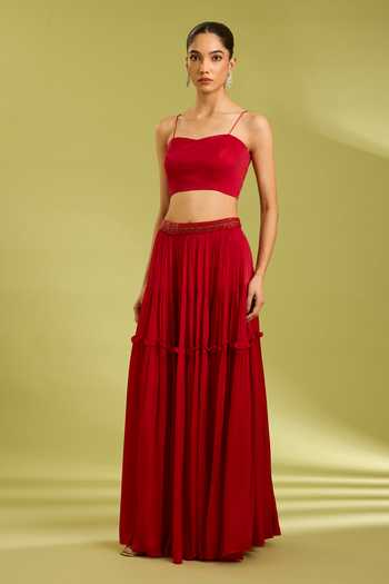 Shop_Ewoke_Red Georgette, Satin Shawl , Sweetheart Embroidered Cape Lehenga Set _Online_at_Aza_Fashions
