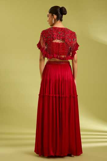 Shop_Ewoke_Red Georgette, Satin Shawl , Sweetheart Embroidered Cape Lehenga Set _at_Aza_Fashions