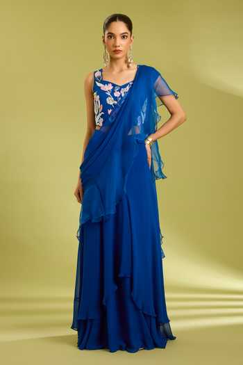 Buy_Ewoke_Blue Organza, Georgette Square Neck Ruffle Pre-draped Saree With Blouse _at_Aza_Fashions