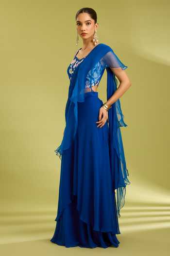 Ewoke_Blue Organza, Georgette Square Neck Ruffle Pre-draped Saree With Blouse _Online_at_Aza_Fashions