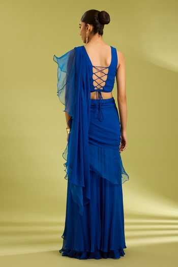 Shop_Ewoke_Blue Organza, Georgette Square Neck Ruffle Pre-draped Saree With Blouse _at_Aza_Fashions