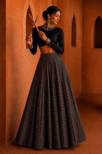 Buy_Monk & Mei By Sonia Anand_Black Silk, Georgette Round Neck Mehfil Embroidered Lehenga Set _Online_at_Aza_Fashions