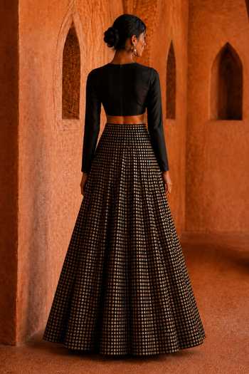 Shop_Monk & Mei By Sonia Anand_Black Silk, Georgette Round Neck Mehfil Embroidered Lehenga Set _at_Aza_Fashions