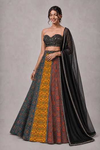 Monk & Mei By Sonia Anand_Multicolor Georgette Sweetheart Neck Aarohi Embroidered Lehenga Blouse Set _Online_at_Aza_Fashions