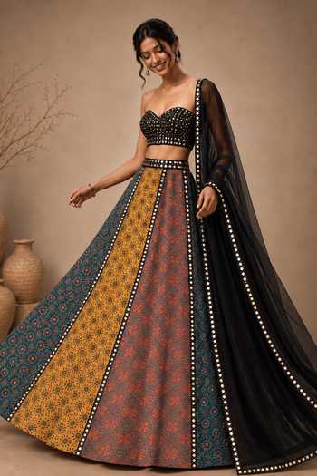Buy_Monk & Mei By Sonia Anand_Multicolor Georgette Sweetheart Neck Aarohi Embroidered Lehenga Blouse Set _at_Aza_Fashions